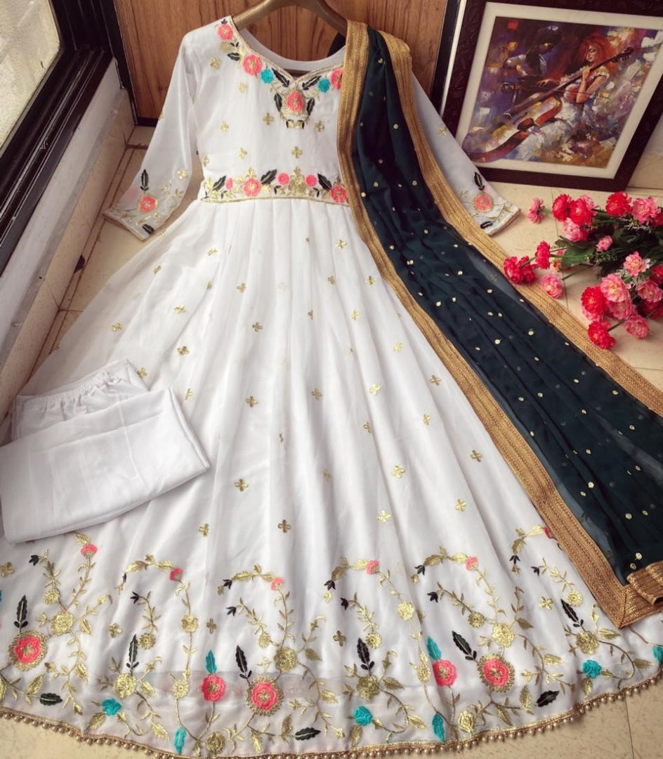 White heavy georgette embroidered work party wear gown