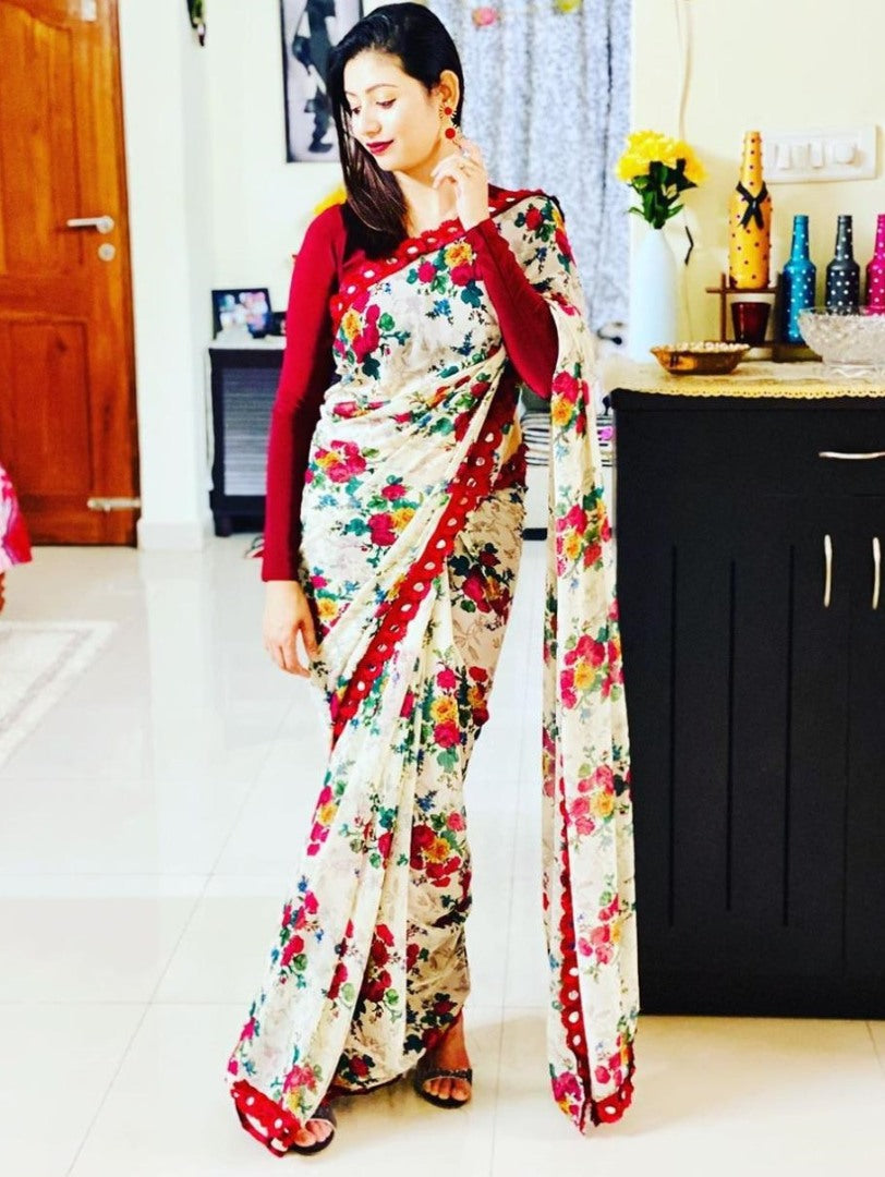 White heavy georgette flower printed saree