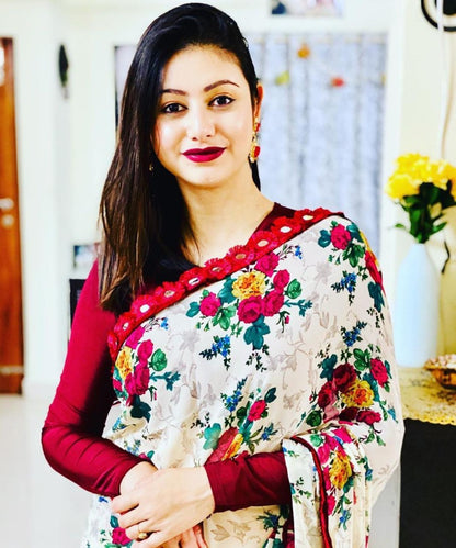 White heavy georgette flower printed saree