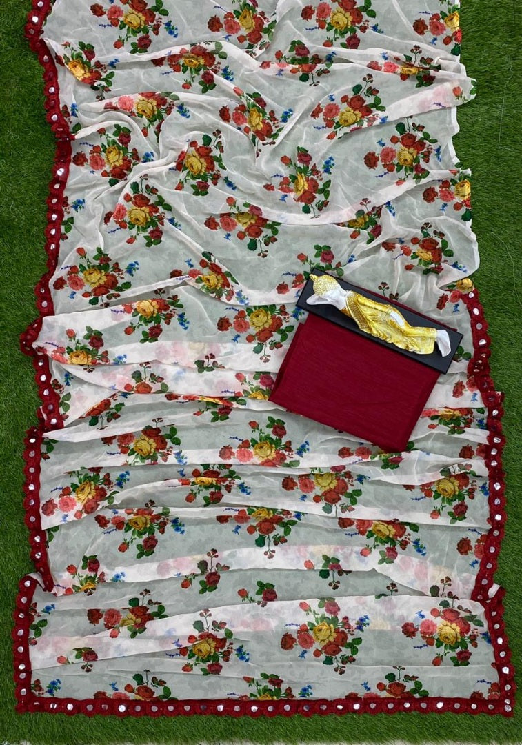 White heavy georgette flower printed saree