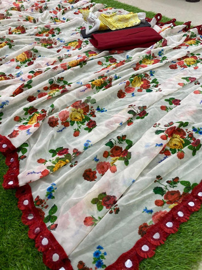 White heavy georgette flower printed saree