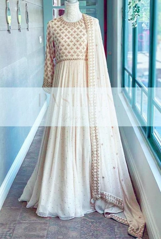 White heavy georgette fully embroidered work designer gown