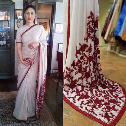 White heavy georgette red thread embroidered stylist saree