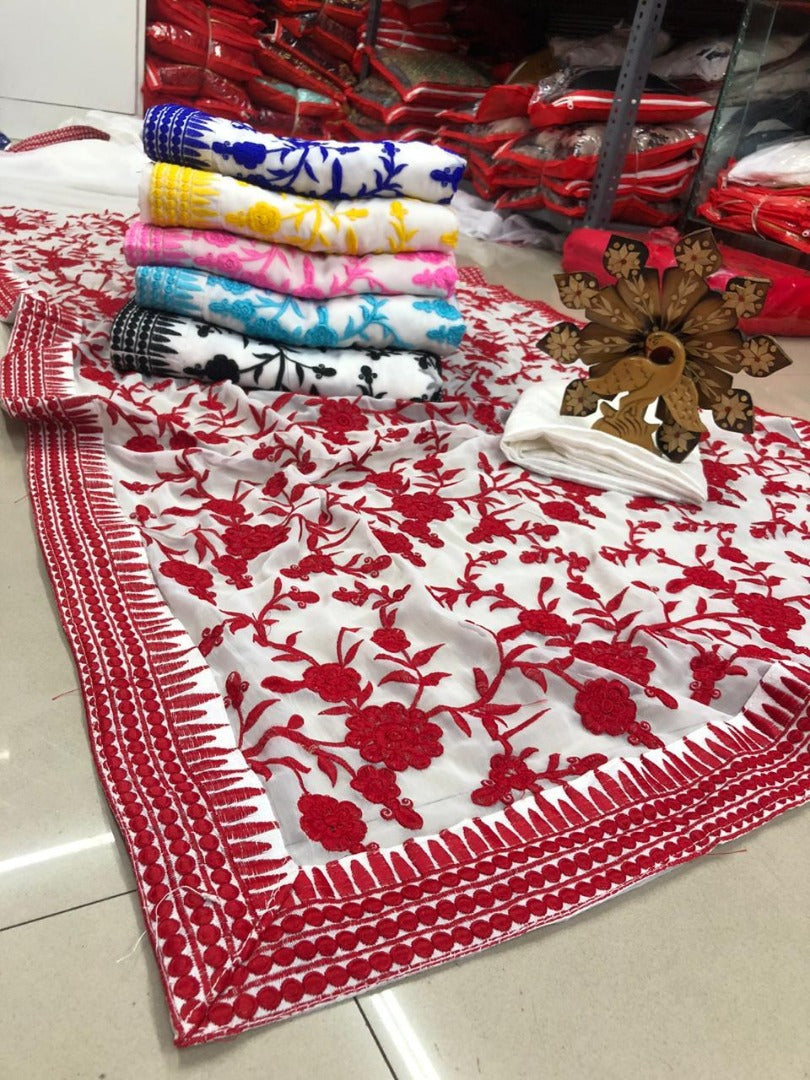 White heavy georgette red thread embroidered stylist saree