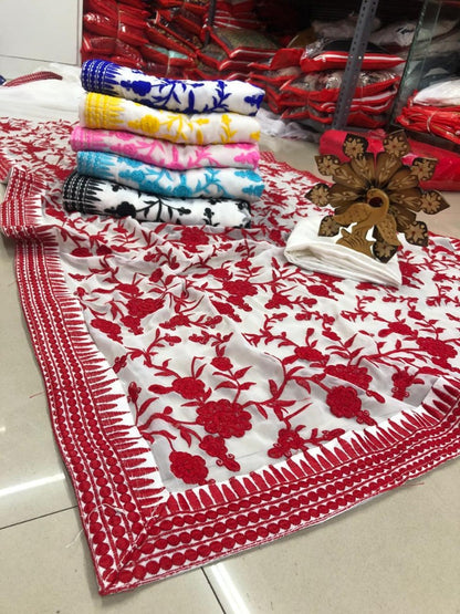 White heavy georgette red thread embroidered stylist saree