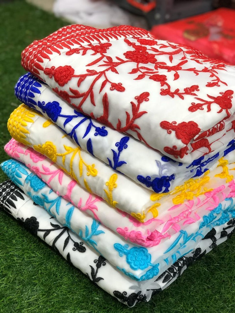 White heavy georgette red thread embroidered stylist saree