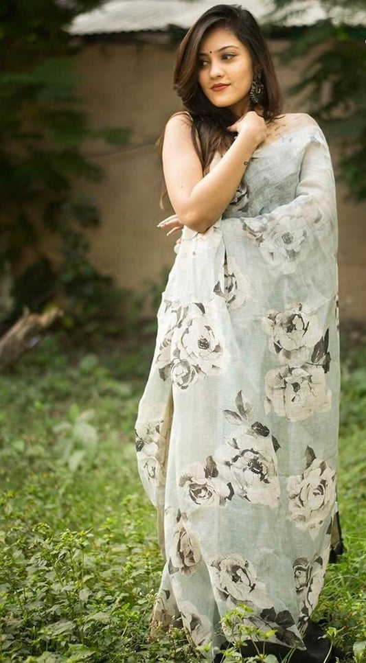 White heavy linen silk digital flower printed work saree