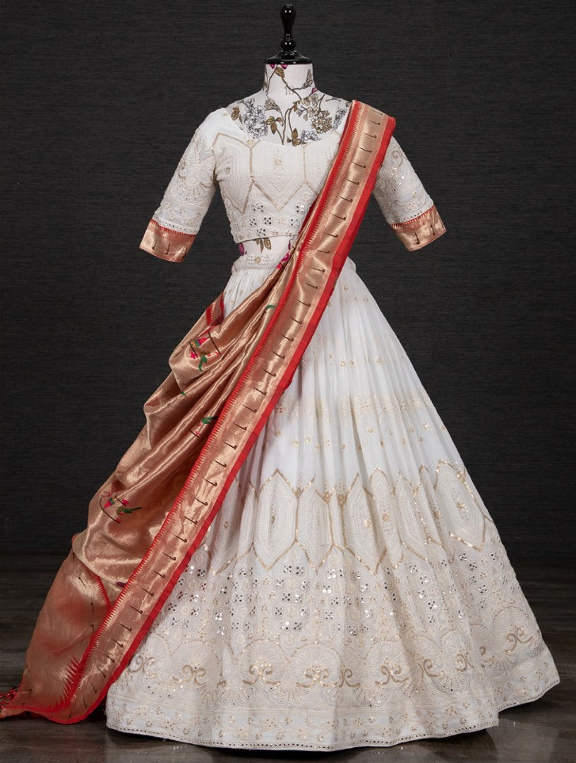 White heavy lucknowi heavy sequins work wedding lehenga choli