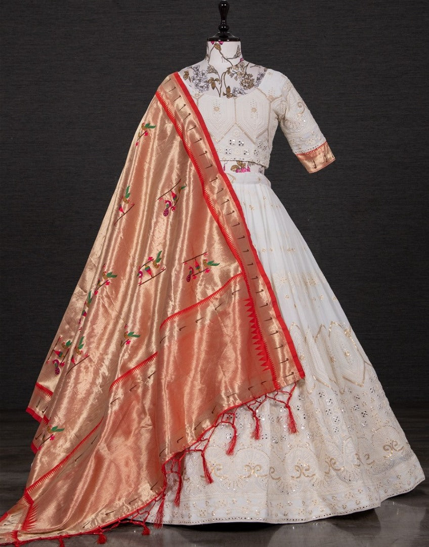 White heavy lucknowi heavy sequins work wedding lehenga choli