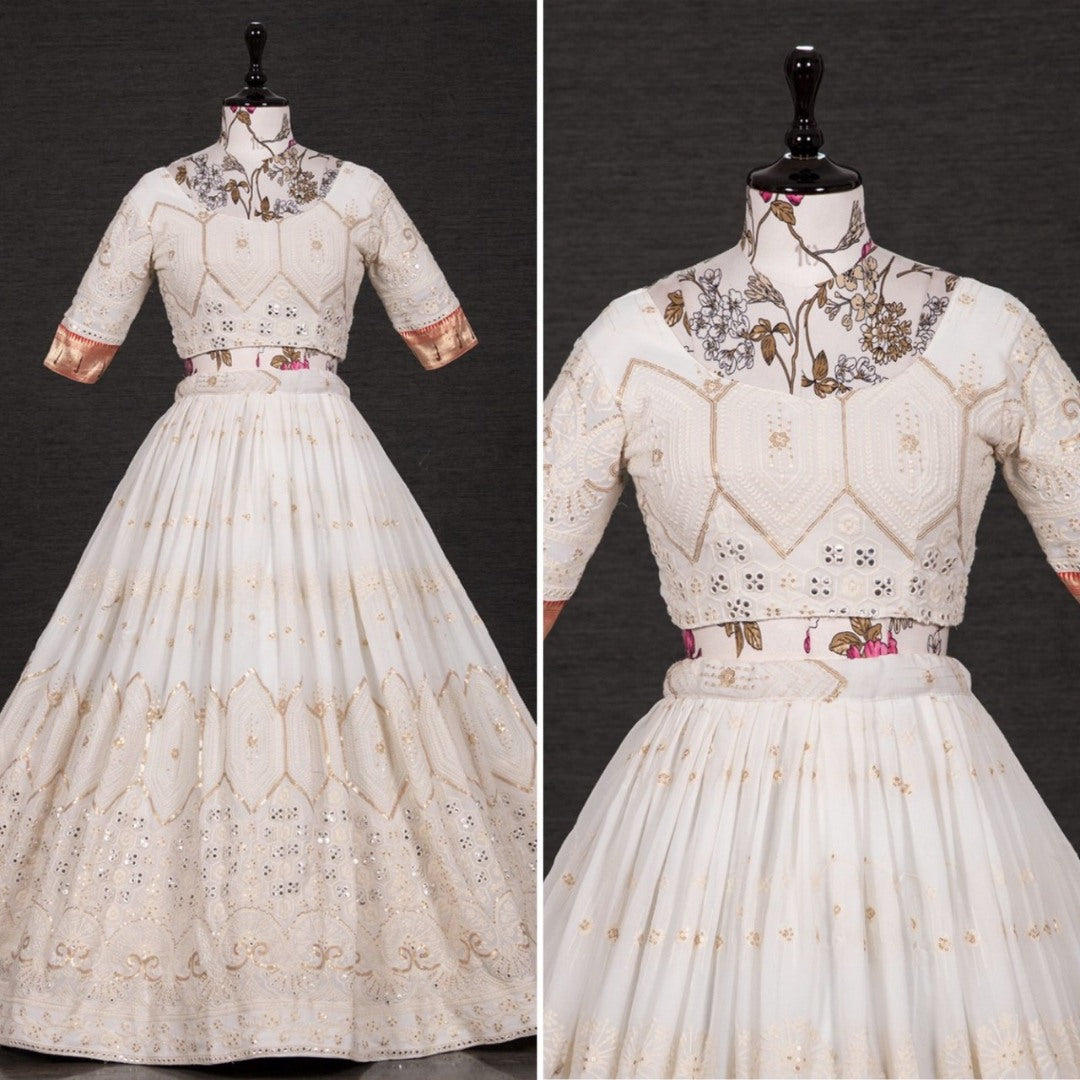 White heavy lucknowi heavy sequins work wedding lehenga choli