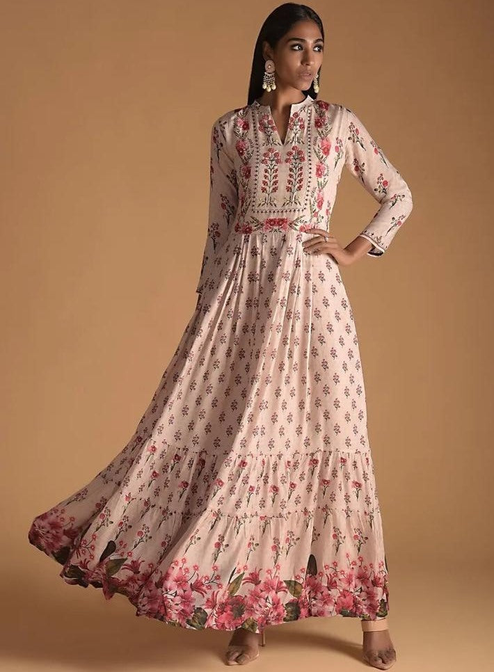 White heavy maslin cotton printed gown