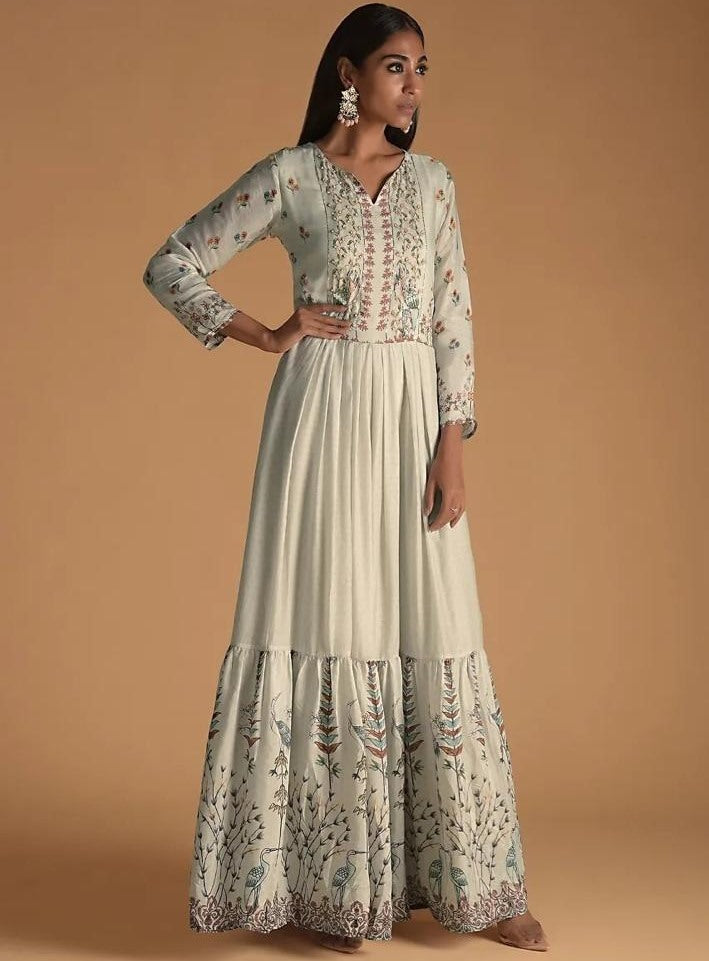 White heavy maslin cotton printed gown