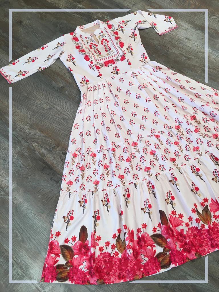 White heavy maslin cotton printed gown