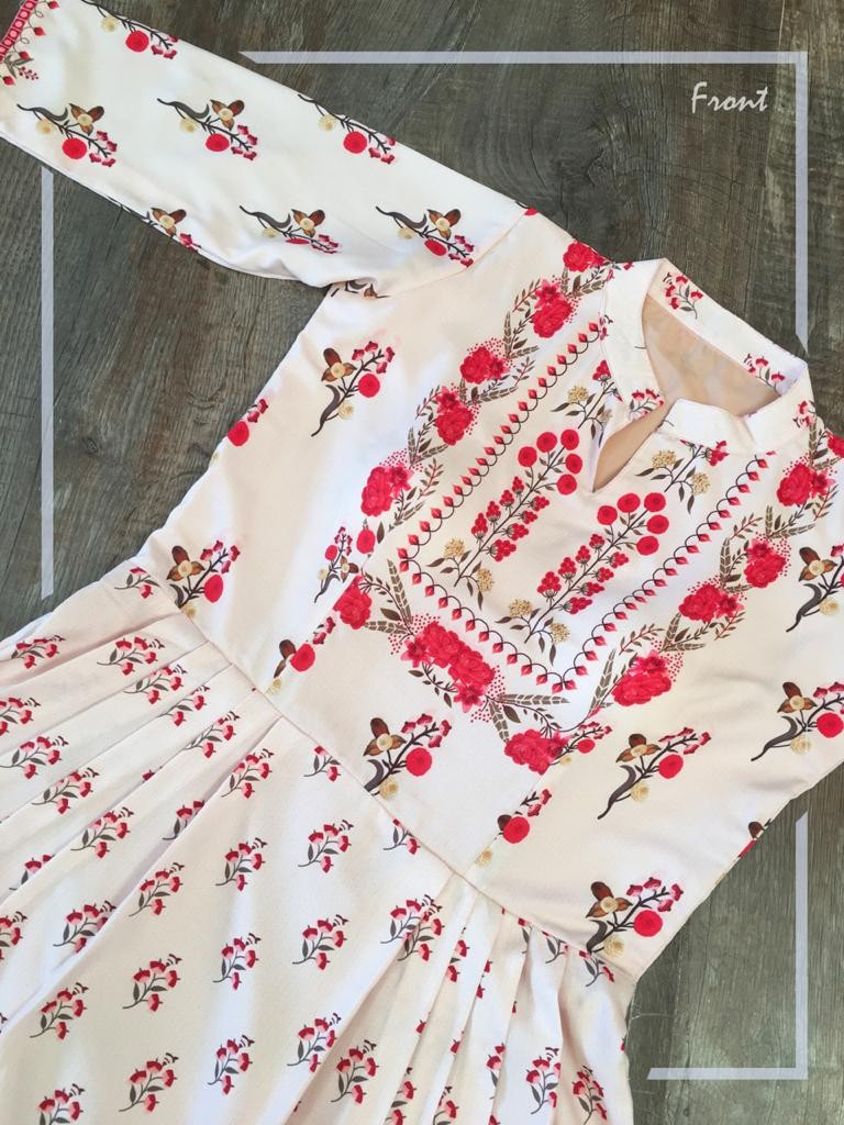 White heavy maslin cotton printed gown