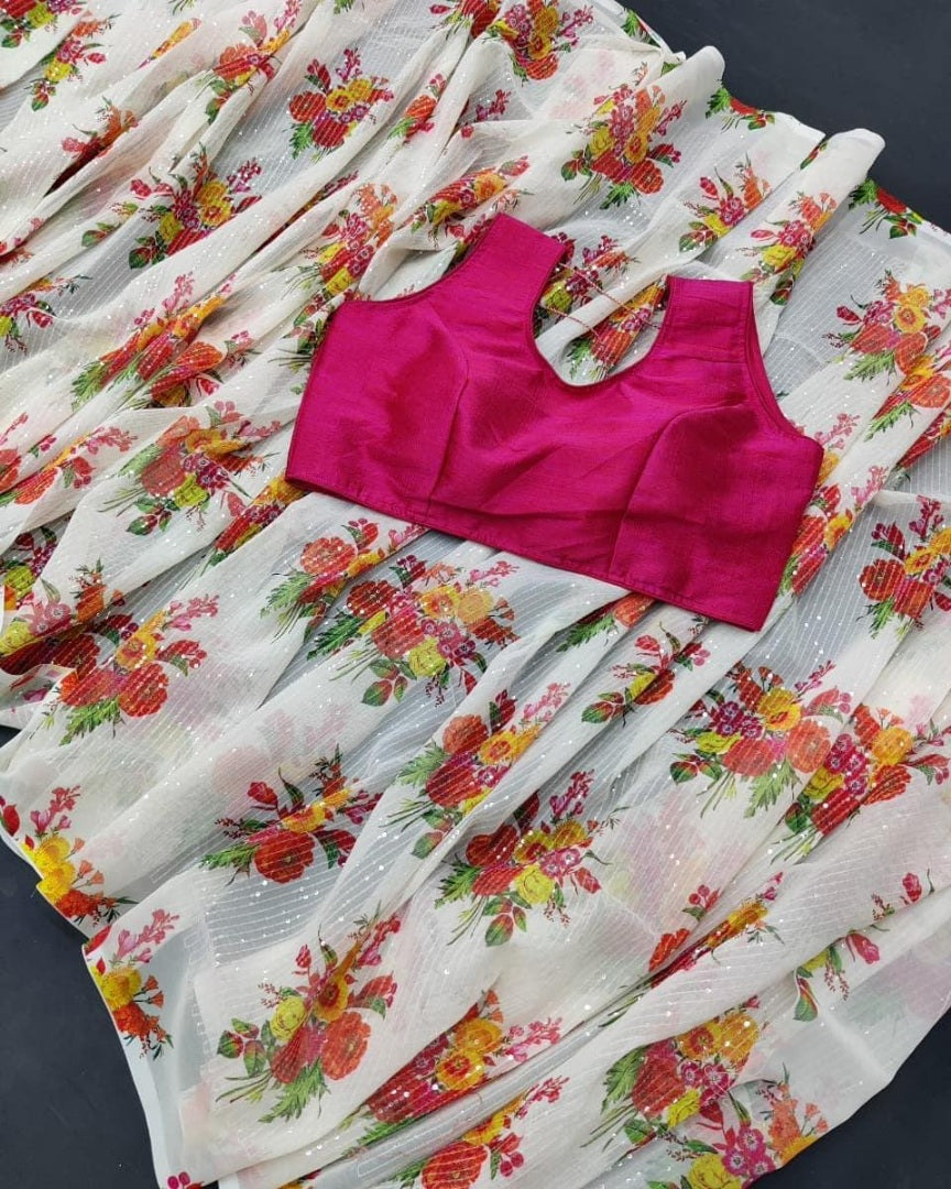 White heavy moss georgette sequence flower printed saree