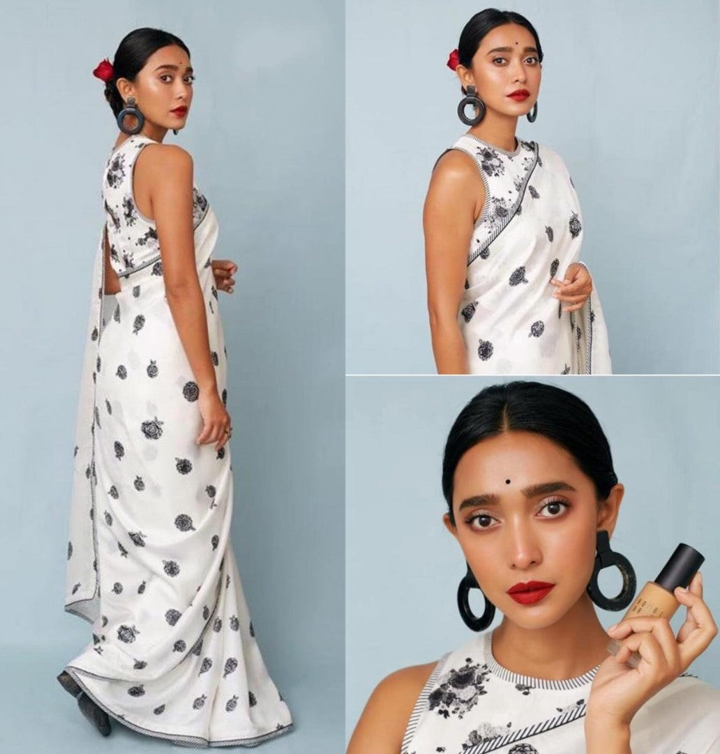 White heavy moss vichitra silk digital printed saree