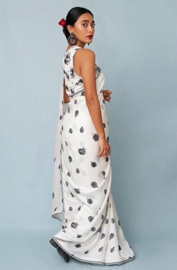 White heavy moss vichitra silk digital printed saree