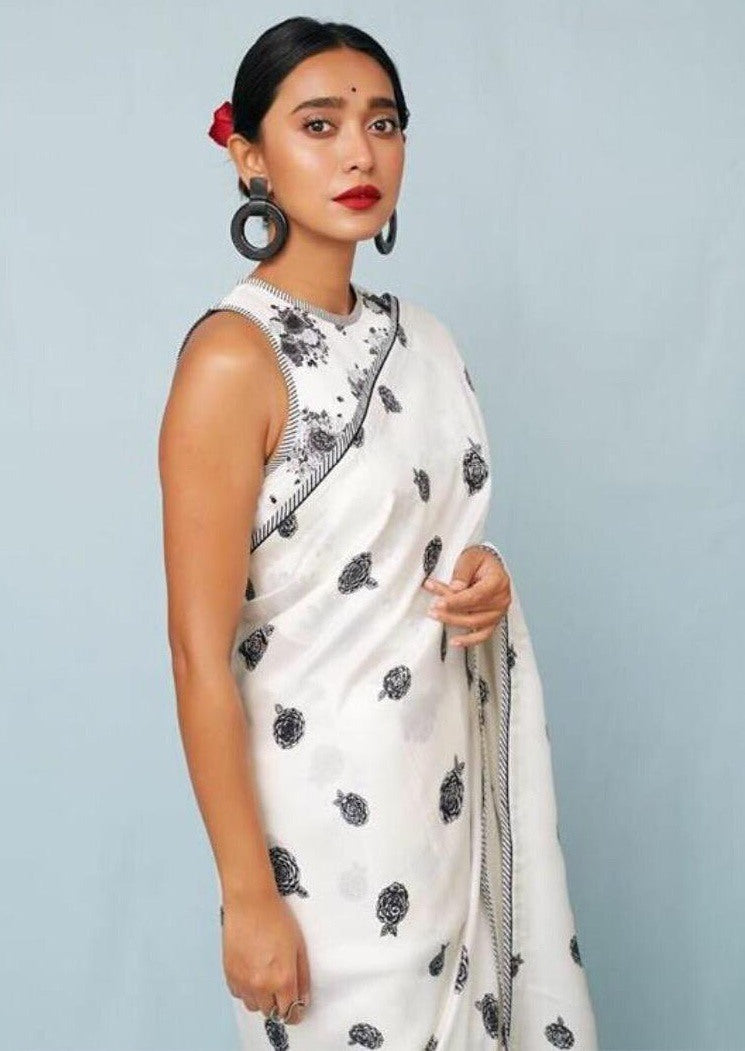 White heavy moss vichitra silk digital printed saree