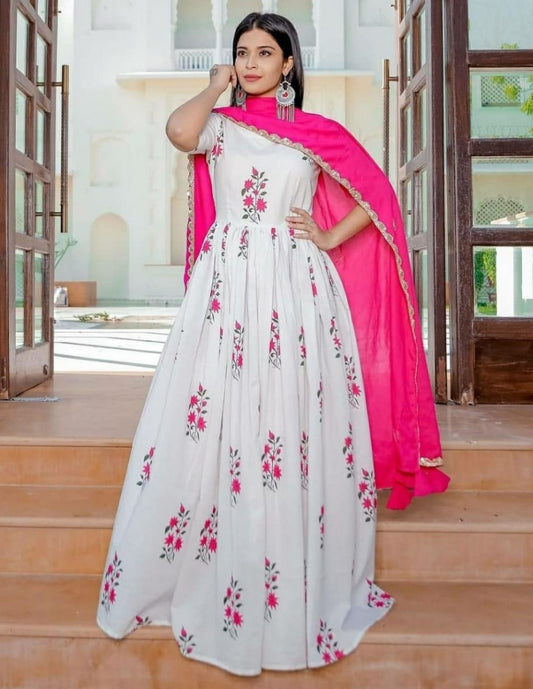 white heavy muslin digital printed gown with dupatta