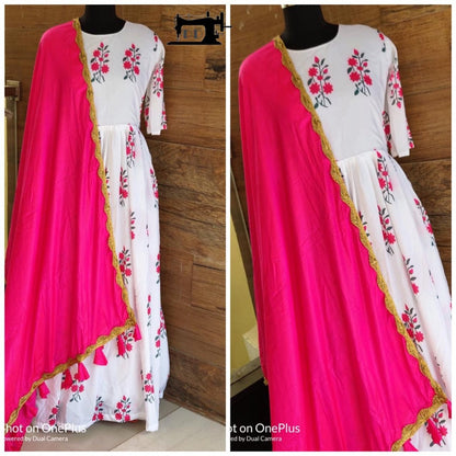 white heavy muslin digital printed gown with dupatta