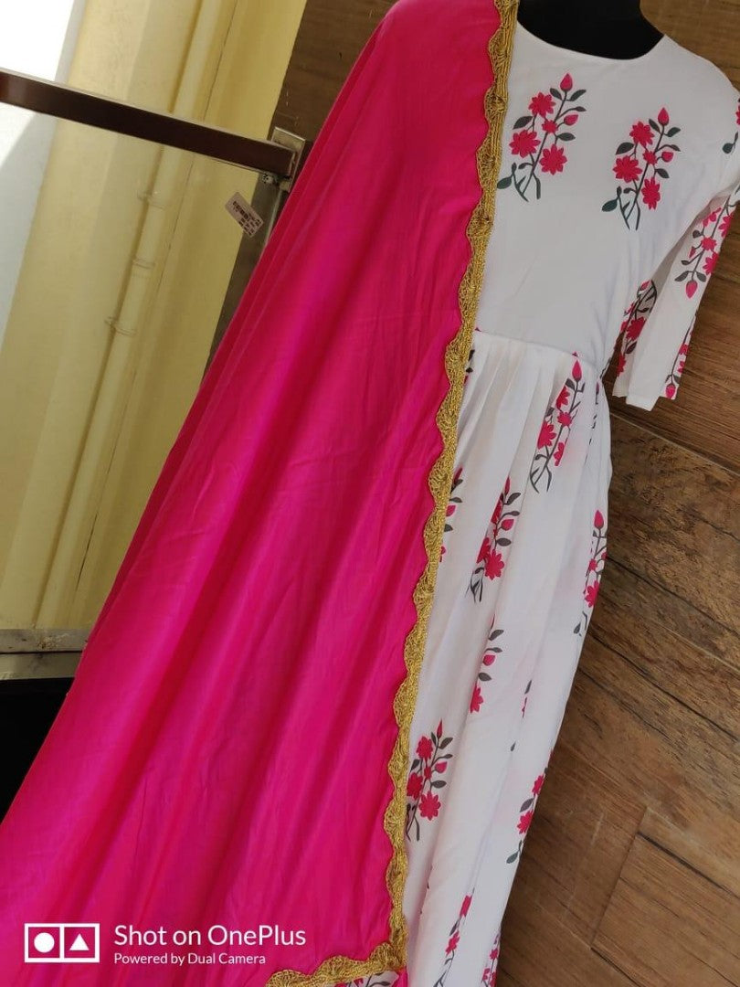 white heavy muslin digital printed gown with dupatta