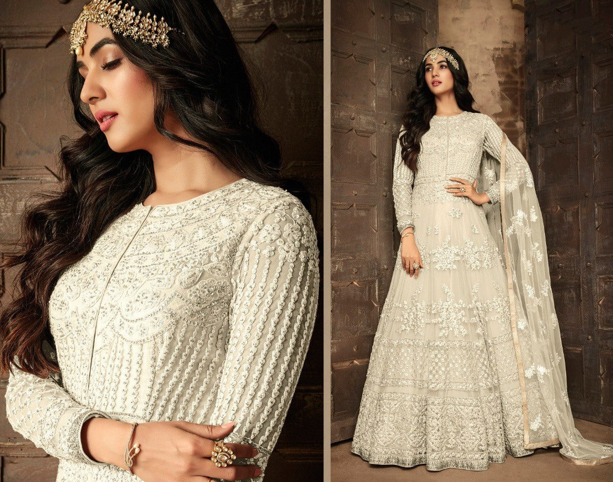 White heavy net and embroidered wedding long gown