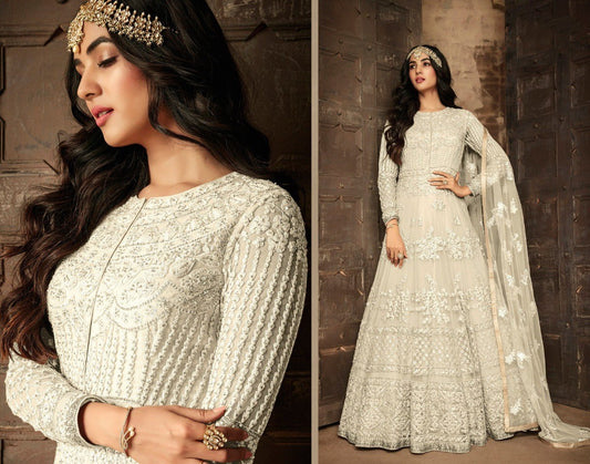 White heavy net and embroidered wedding long gown