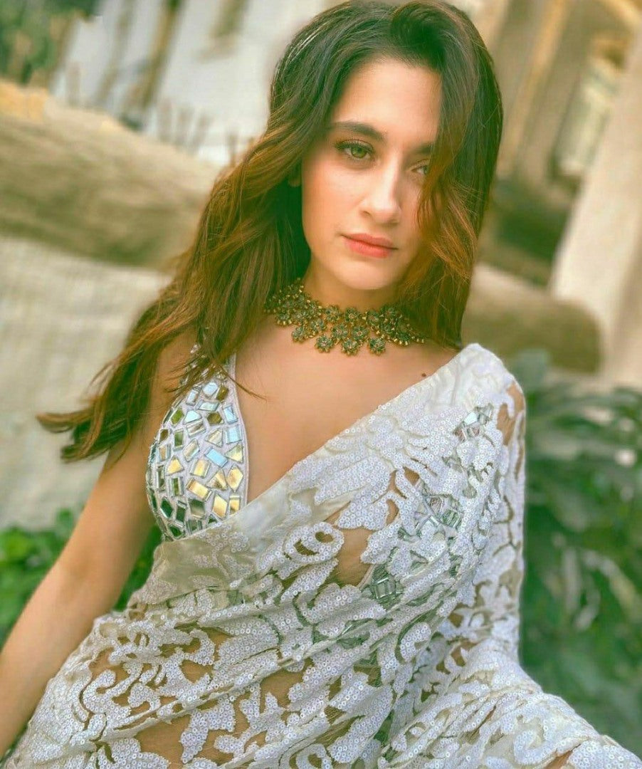 White heavy net sequence embroidered work party wear saree