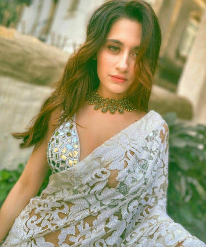 White heavy net sequence embroidered work party wear saree