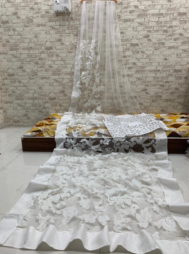 White heavy net sequence embroidered work party wear saree