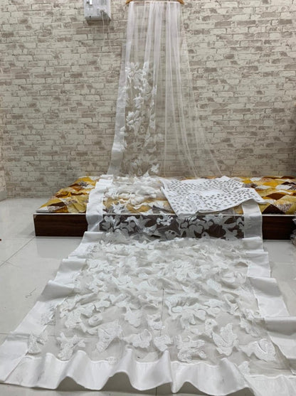 White heavy net sequence embroidered work party wear saree