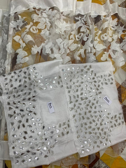 White heavy net sequence embroidered work party wear saree