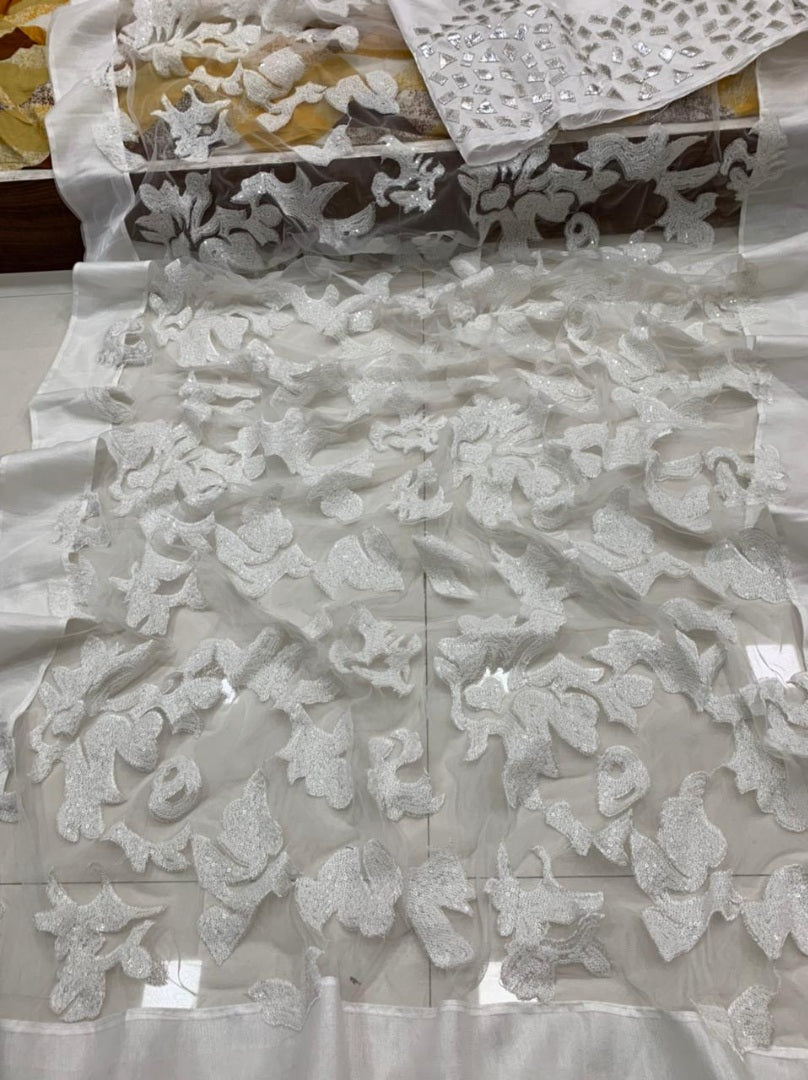 White heavy net sequence embroidered work party wear saree