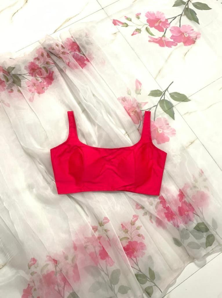 White heavy organza digital flower printed work saree