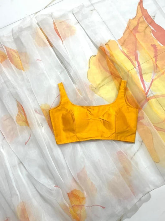 White heavy organza digital flower printed work saree