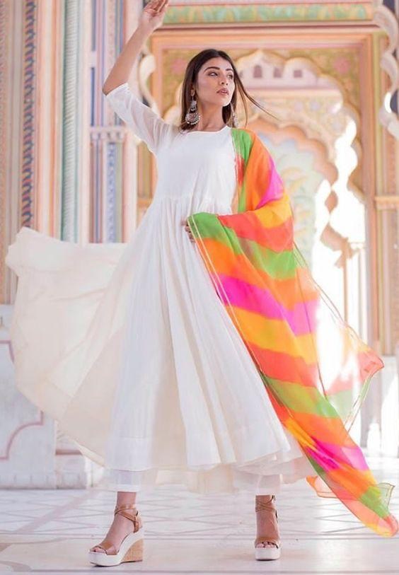 white heavy reyon cotton casual plazzo kurti with rainbow color dupatta