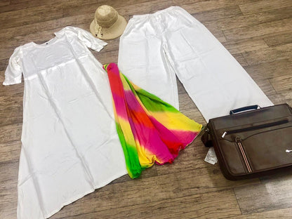 white heavy reyon cotton casual plazzo kurti with rainbow color dupatta