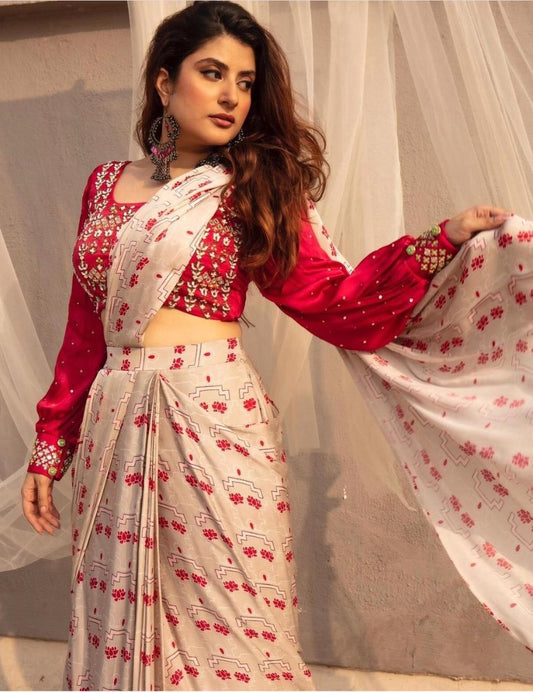 White heavy ruhani silk digital printed work saree with fancy blouse