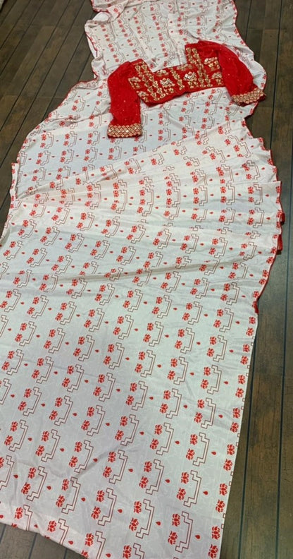 White heavy ruhani silk digital printed work saree with fancy blouse