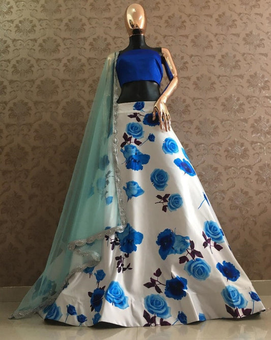 White heavy satin blue flower printed lehenga choli