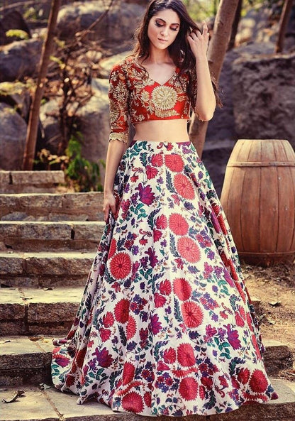 White heavy satin digital printed lehenga choli