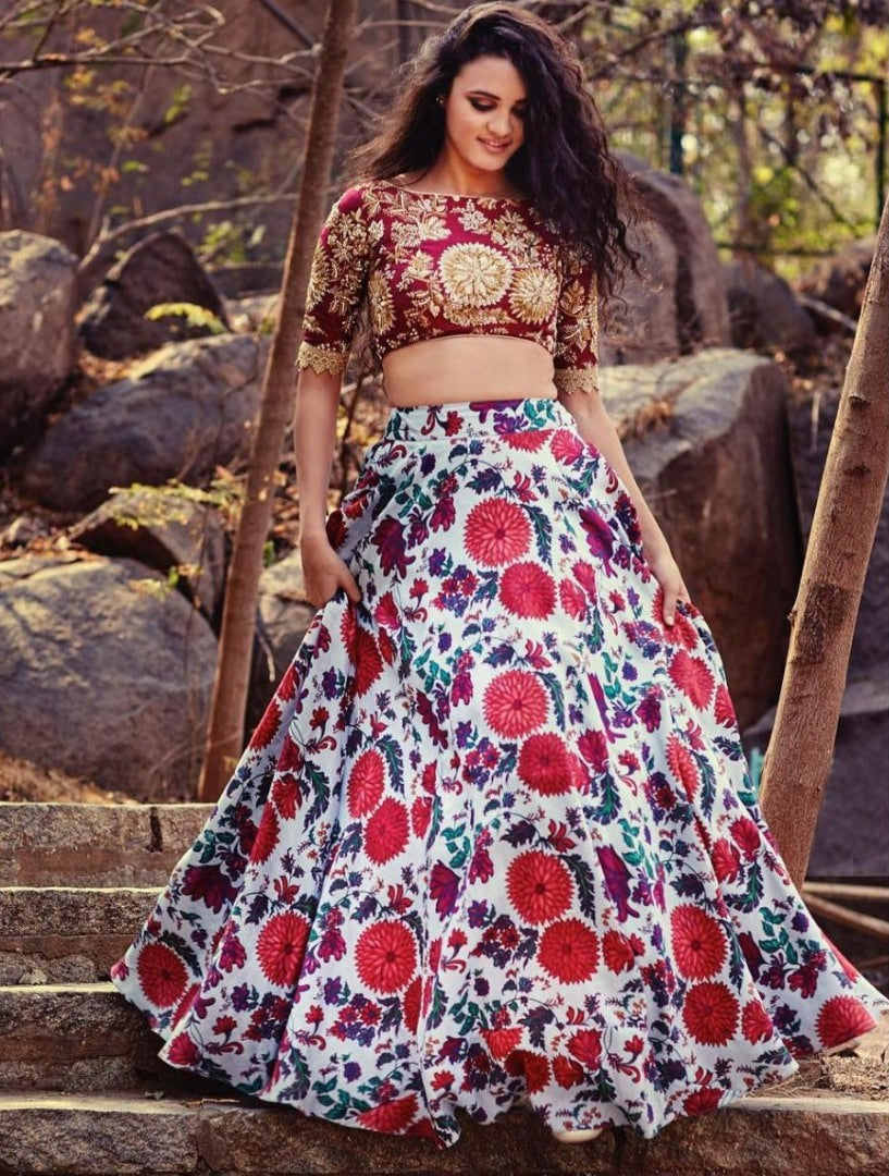 White heavy satin digital printed lehenga choli