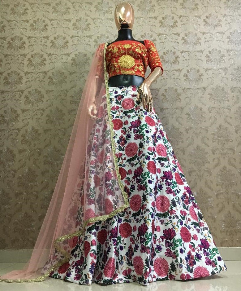 White heavy satin digital printed lehenga choli