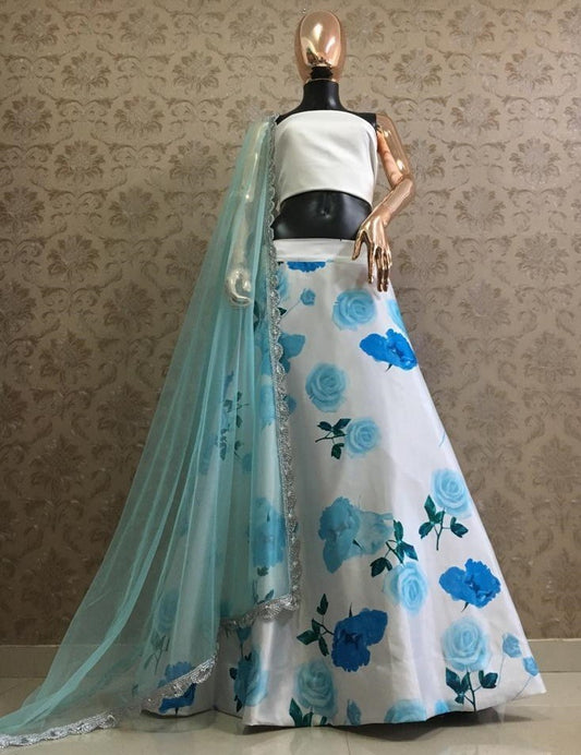 White heavy satin floral digital printed lehenga choli