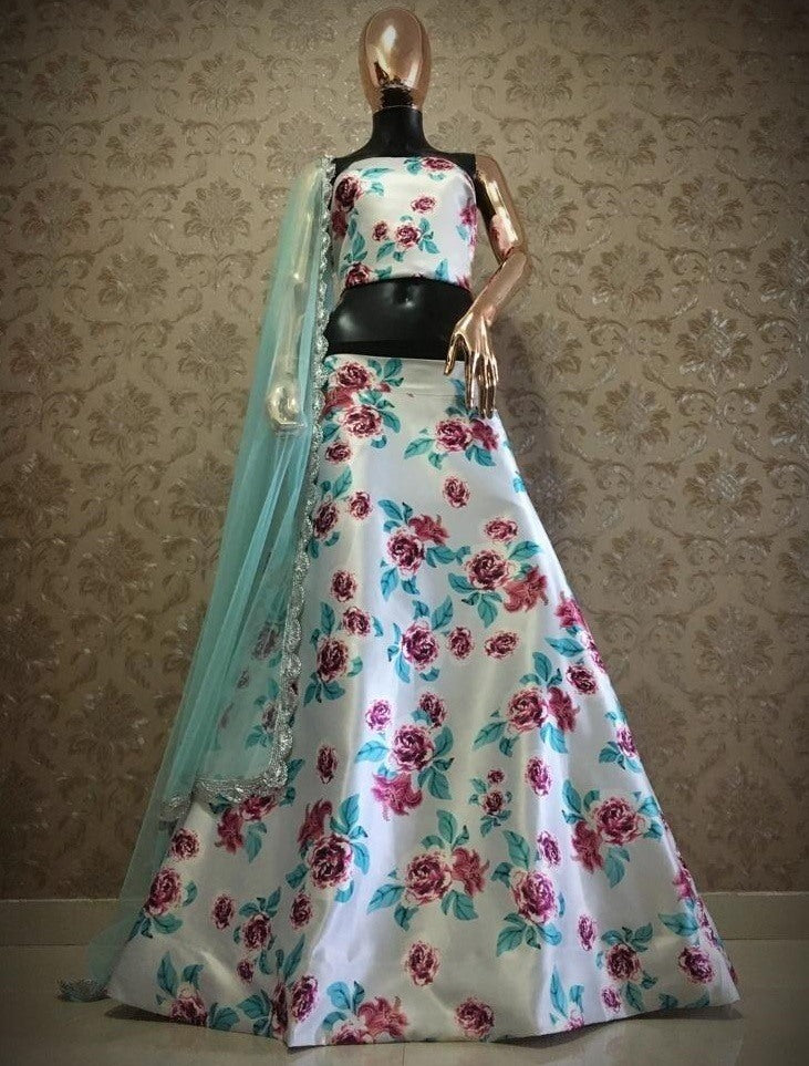 White heavy satin floral digital printed lehenga choli