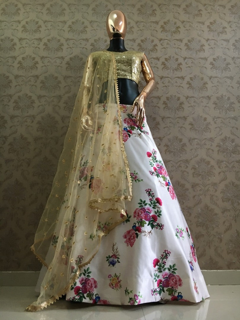 White heavy satin floral printed beautiful lehenga choli for ceremony