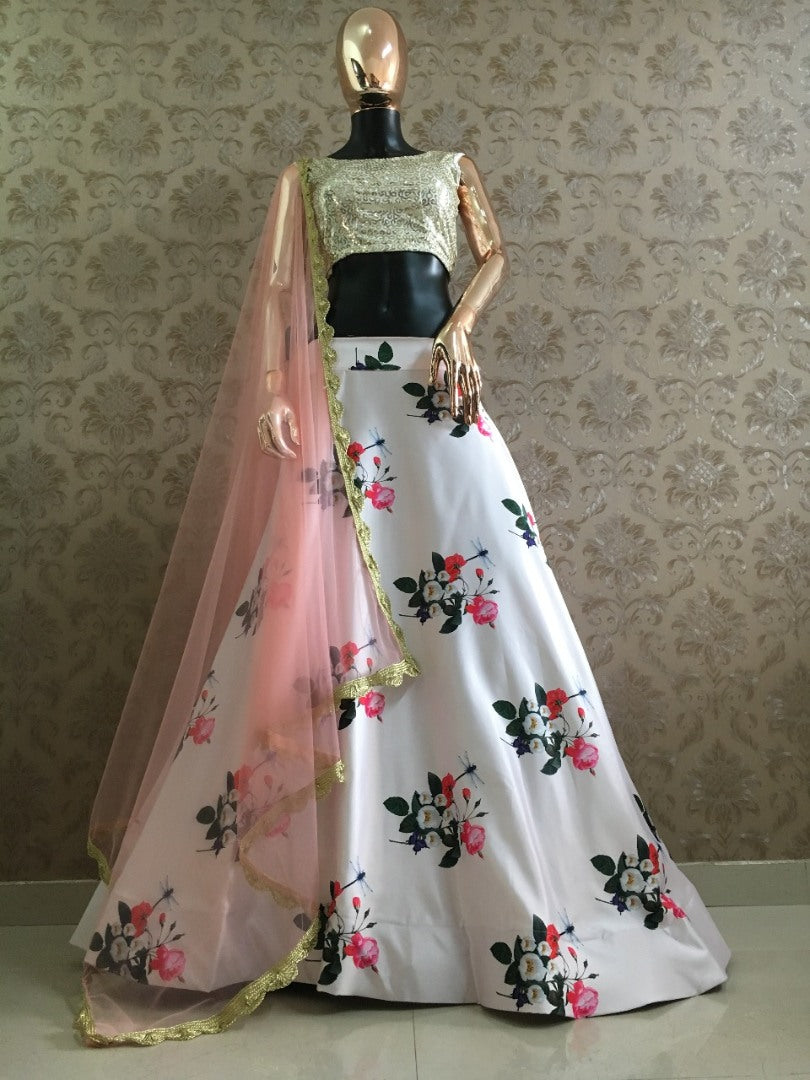White heavy satin floral printed lehenga choli