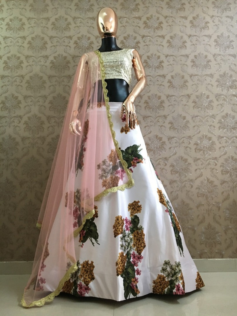 White heavy satin floral printed lehenga choli