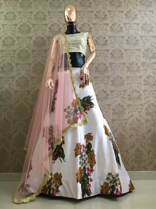 White heavy satin floral printed lehenga choli