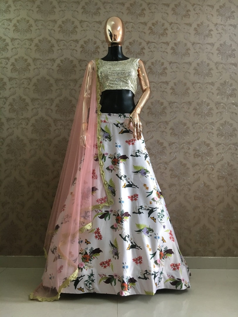 White heavy satin floral printed lehenga choli